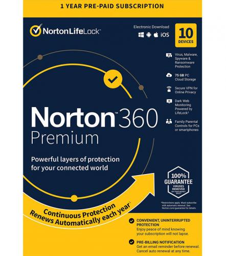 ANTIVIRUS NORTON 360 PREMIUM ESD ΓΙΑ 10 ΣΥΣΚΕΥΕΣ 75GB CLOUD