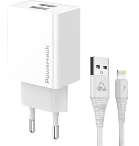 ΦΟΡΤΙΣΤΗΣ ΤΟΙΧΟΥ POWERTECH PT-1325 ΜΕ ΚΑΛΩΔΙΟ LIGHTNING 2x USB 12W WHITE