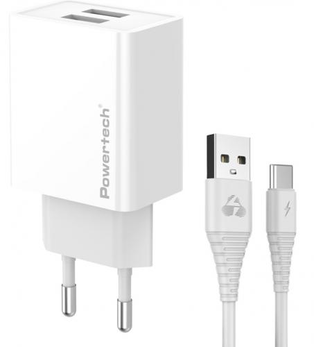 ΦΟΡΤΙΣΤΗΣ ΤΟΙΧΟΥ POWERTECH PT-1324 ΜΕ ΚΑΛΩΔΙΟ USB-C 2x USB 12W WHITE