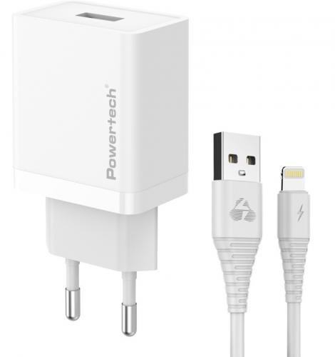 ΦΟΡΤΙΣΤΗΣ ΤΟΙΧΟΥ POWERTECH PT-1323 ΜΕ ΚΑΛΩΔΙΟ LIGHTNING USB 12W WHITE