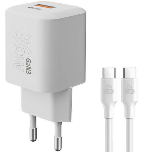 ΦΟΡΤΙΣΤΗΣ ΤΟΙΧΟΥ POWERTECH PT-1351 ΜΕ ΚΑΛΩΔΙΟ USB USB-C 36W GaN WHITE