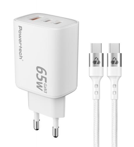 ΦΟΡΤΙΣΤΗΣ ΤΟΙΧΟΥ POWERTECH PT-1415 USB/2x USB-C 65W GaN WHITE