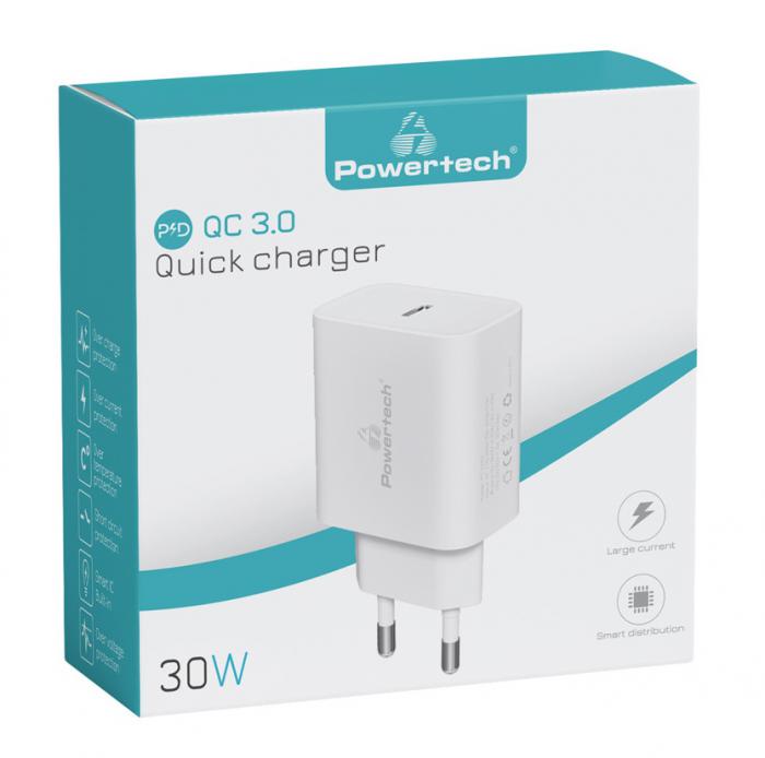 ΦΟΡΤΙΣΤΗΣ ΤΟΙΧΟΥ POWERTECH PT-1043 USB-C PD QC3.0 GaN 30W WHITE