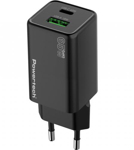 ΦΟΡΤΙΣΤΗΣ ΤΟΙΧΟΥ POWERTECH PT-1501 USB/USB-C 65W GaN BLACK
