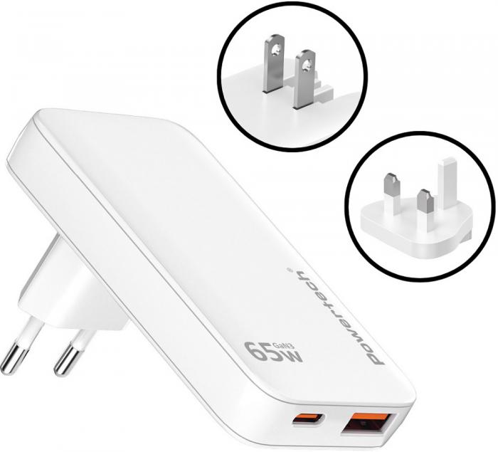 ΦΟΡΤΙΣΤΗΣ ΤΟΙΧΟΥ POWERTECH PT-1532 EU/UK/CN USB/USB-C 65W GaN WHITE
