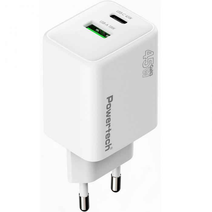 ΦΟΡΤΙΣΤΗΣ ΤΟΙΧΟΥ POWERTECH PT-1551 USB/USB-C 45W GaN AVS WHITE