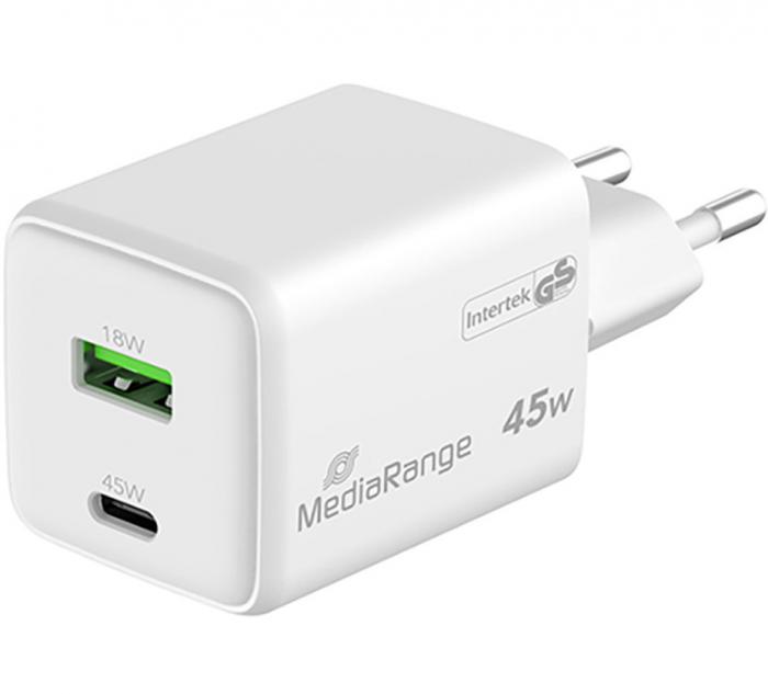 ΦΟΡΤΙΣΤΗΣ ΤΟΙΧΟΥ MEDIARANGE 45W GaN 1x USB-C 1x USB-A USB-C MRMA113-2 WHITE